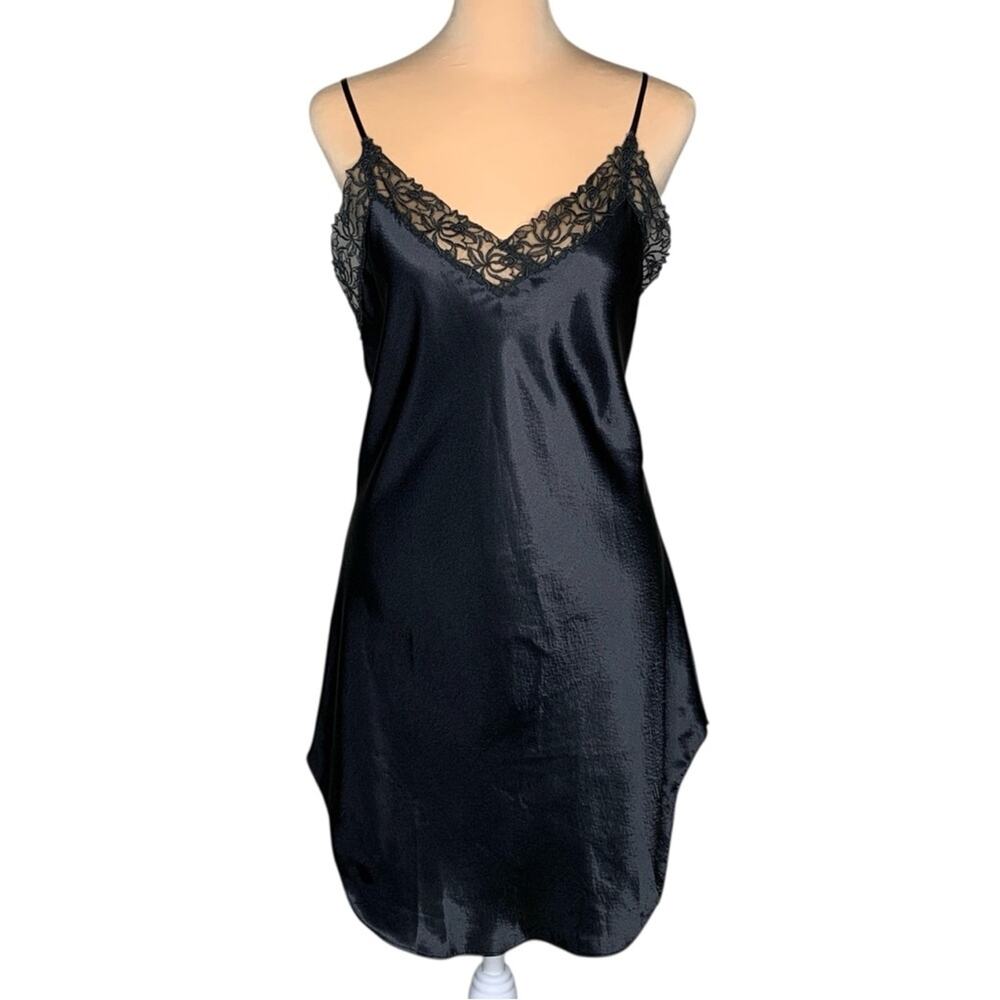 Victoria's Secret Babydoll Slip L Gold Label Black Satin Lace Chemise Silky 90s